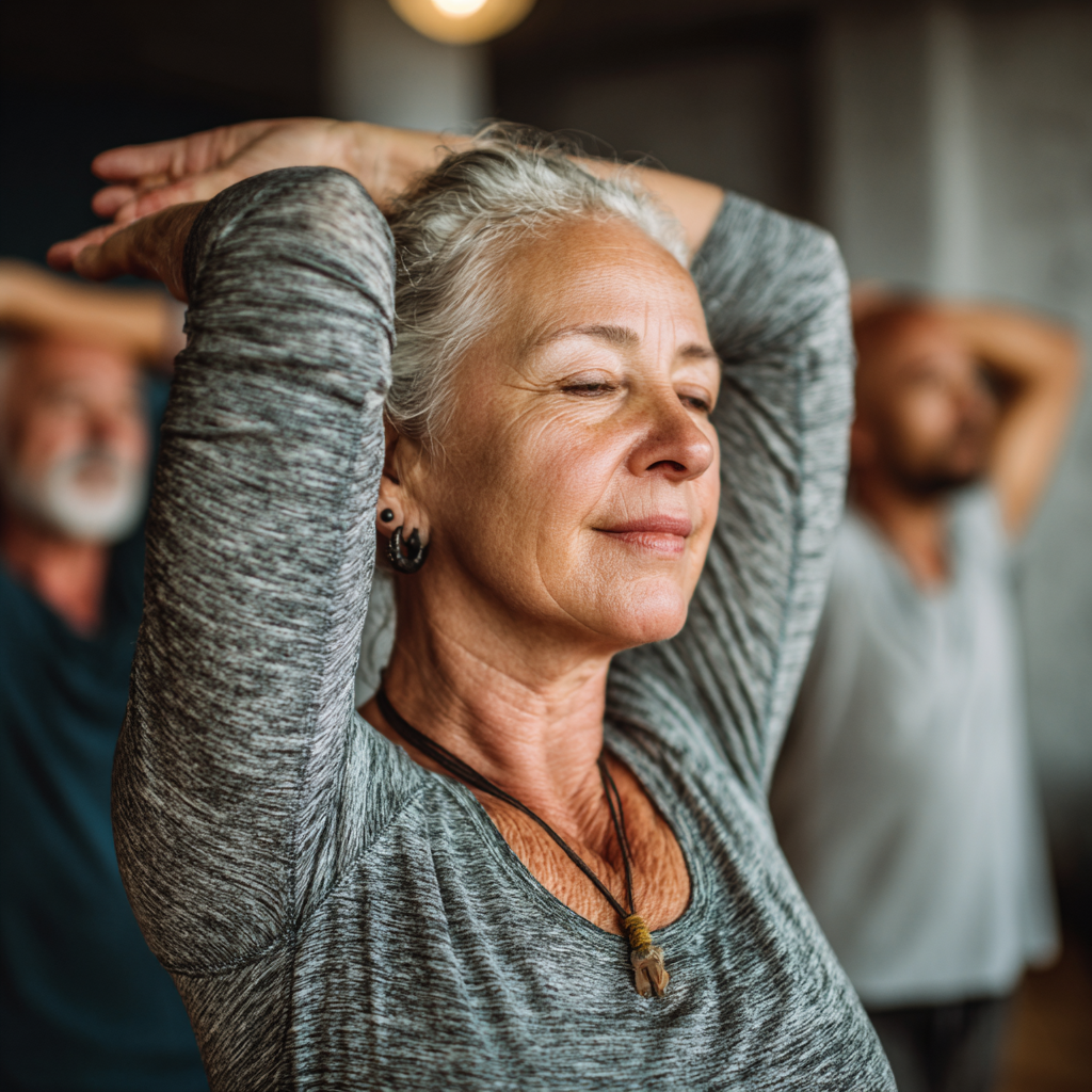 Middle-aged adults practicing gentle exercises and self-care routines
