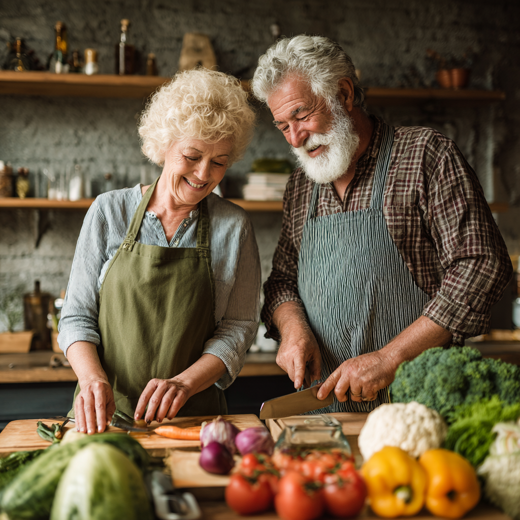 Middle-aged and older adults enjoying healthy lifestyle with natural foods and gentle activities