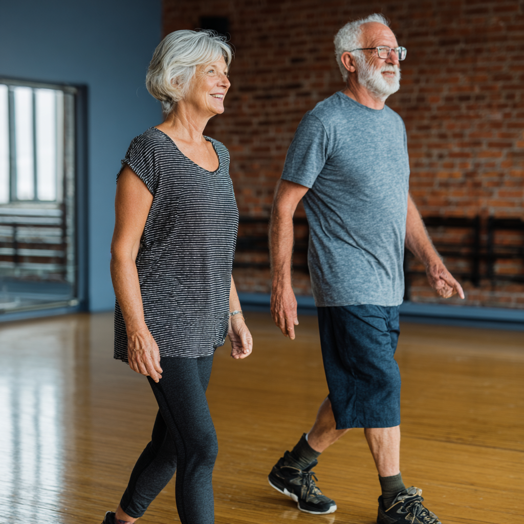 Older adults doing gentle lower body exercises and walking